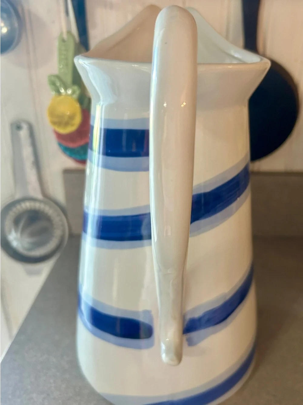 Blue Stripe Ceramic Pitcher - White and Blue